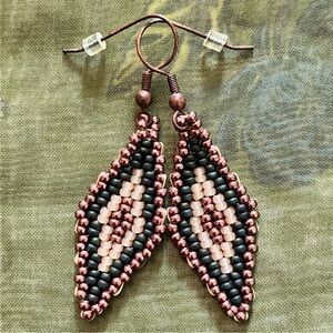 Handmade Miyuki Rhombus Drop Beaded Statement Earrings Copper, Olive, Peach Opal